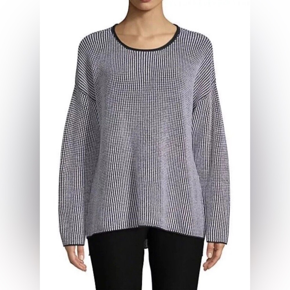 Eileen Fisher Textured Merino Wool Waffle Stitch Boxy Sweater Small Black‎ White